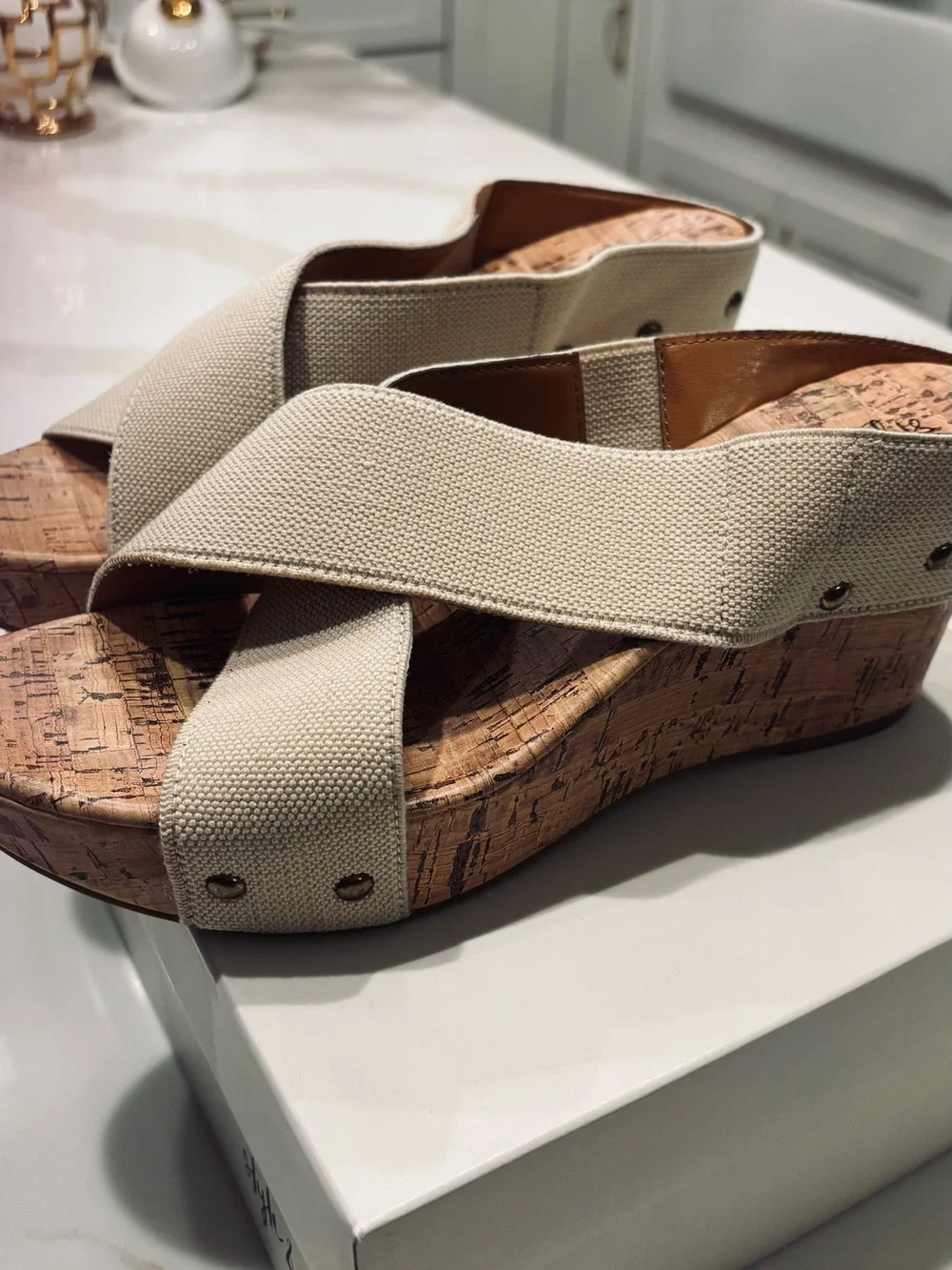 Style & Co. Beige Canvas Cork Platform Wedges